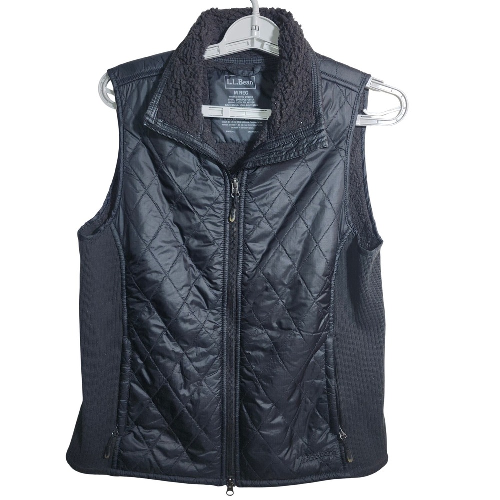 LL Bean Womens Quilted Vest Black Sherpa Collar Ripstop Full Zip M 291762‎